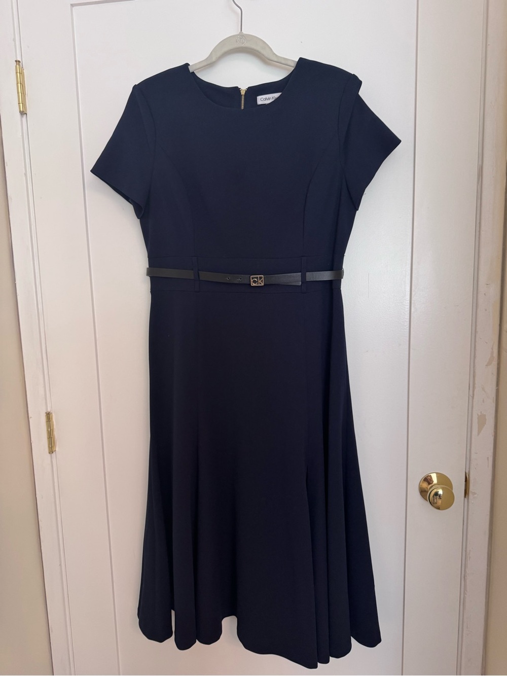 Calvin Klein Navy Blue Short-Sleeve Midi Fit-and-Flare Dress with Waist Belt